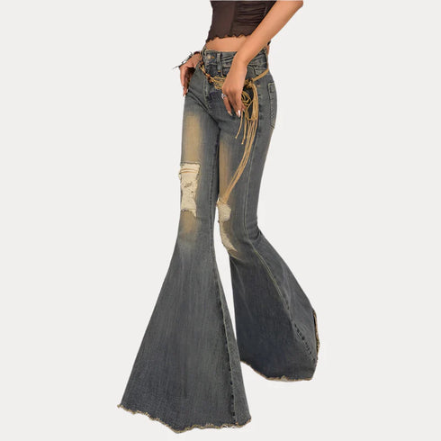 Blue high-waisted women's bell-bottoms jeans with stretchy fabric.